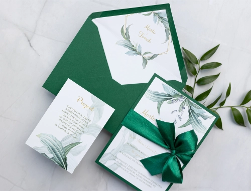 Zaproszenia ślubne Liście z zieloną wstążką, kopertą i dodatkową wkładką