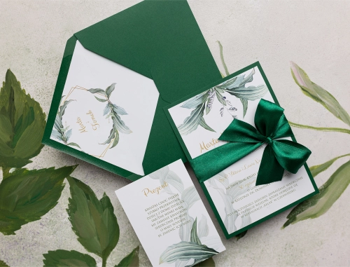 Zaproszenia ślubne Liście z zieloną wstążką, kopertą i dodatkową wkładką
