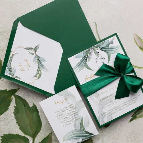 Zaproszenia ślubne Liście z zieloną wstążką, kopertą i dodatkową wkładką