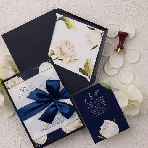 Eleganckie Zaproszenia ślubne Loveletter z granatową kopertą i papierem ozdobnym