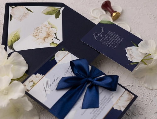Eleganckie Zaproszenia ślubne Loveletter z granatową kopertą i papierem ozdobnym