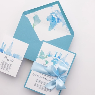 Podróżnicze Zaproszenia ślubne Mapa w&nbsp;błękitnych barwach