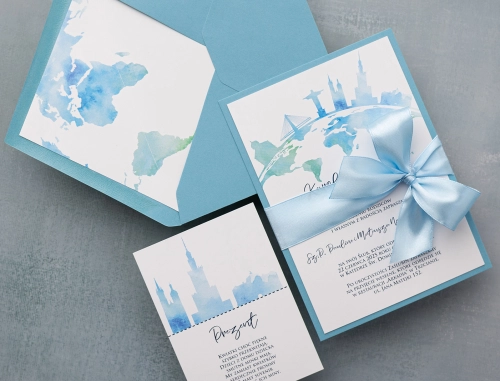 Podróżnicze Zaproszenia ślubne Mapa w błękitnych barwach