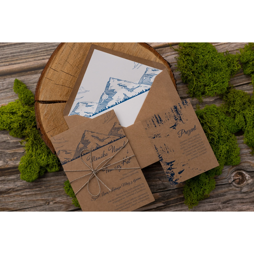 Zaproszenia ślubne Natura Kraft z&nbsp;motywem gór z&nbsp;ekologicznym papierem, kopertą i&nbsp;wkładką