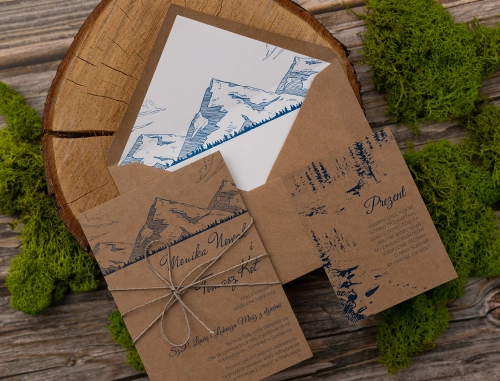 Zaproszenia ślubne Natura Kraft z motywem gór z ekologicznym papierem, kopertą i wkładką