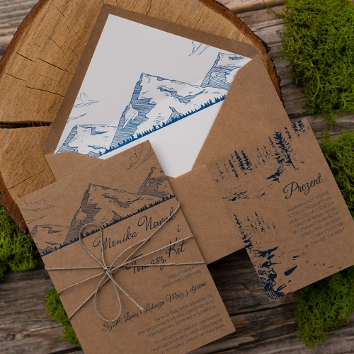Zaproszenia ślubne Natura Kraft z motywem gór z ekologicznym papierem, kopertą i wkładką