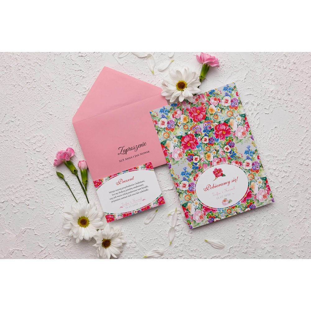 Zaproszenie ślubne Pobieramy się - Motyw 1 z różową kopertą i dodatkową wkładką