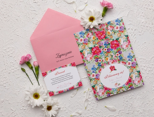 Zaproszenie ślubne Pobieramy się - Motyw 1 z różową kopertą i dodatkową wkładką