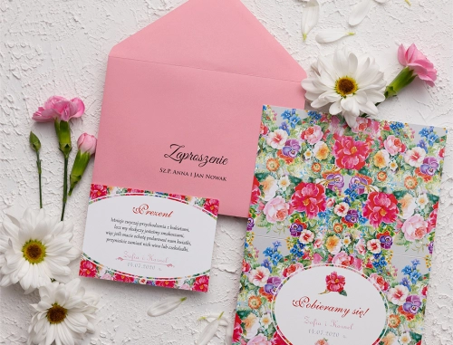 Zaproszenie ślubne Pobieramy się - Motyw 1 z różową kopertą i dodatkową wkładką