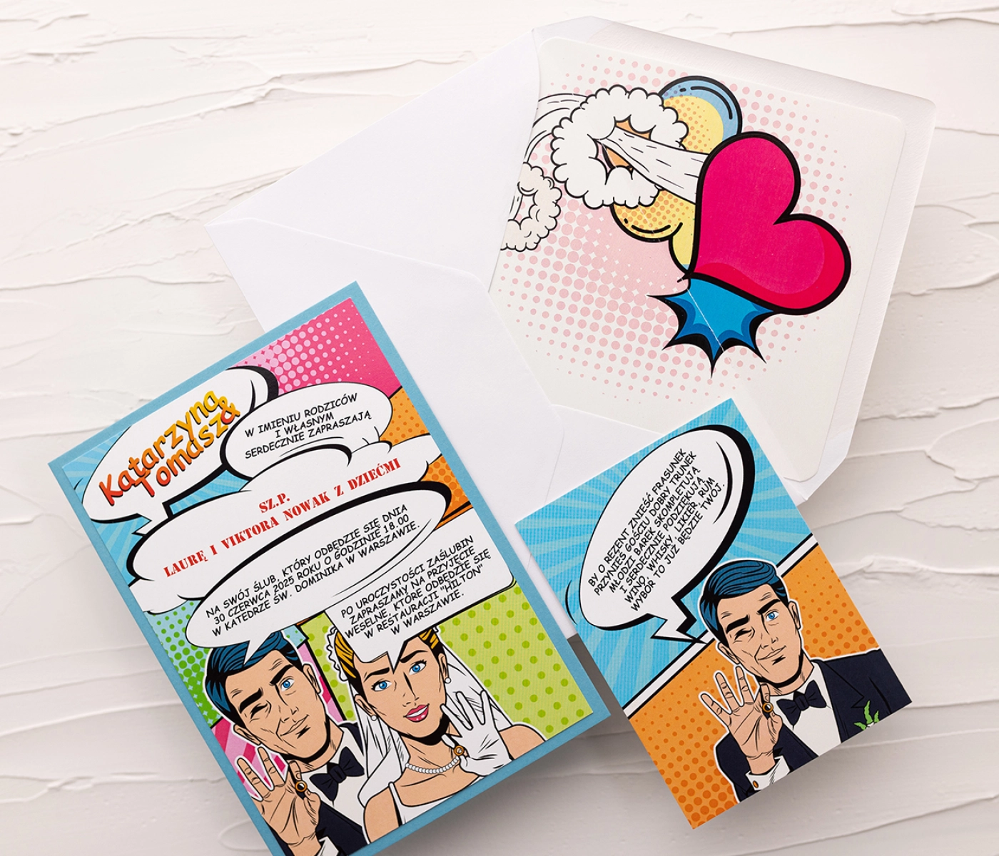 Komiks Zaproszenia ślubne Pop Art z dodatkową wkładką i papierem ozdobnym