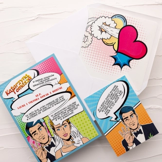 Komiks Zaproszenia ślubne Pop Art z&nbsp;dodatkową wkładką i&nbsp;papierem ozdobnym