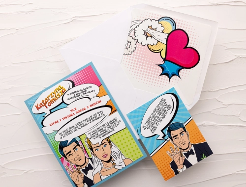 Komiks Zaproszenia ślubne Pop Art z dodatkową wkładką i papierem ozdobnym