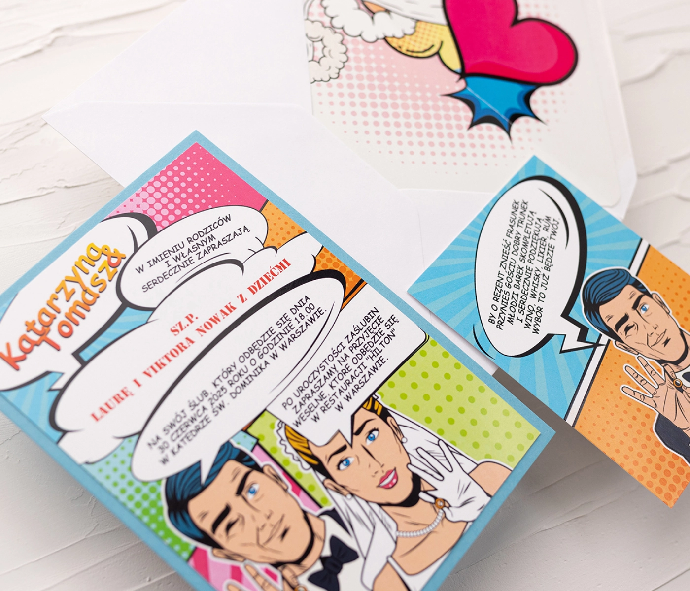 Komiks Zaproszenia ślubne Pop Art z dodatkową wkładką i papierem ozdobnym