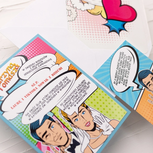 Komiks Zaproszenia ślubne Pop Art z dodatkową wkładką i papierem ozdobnym