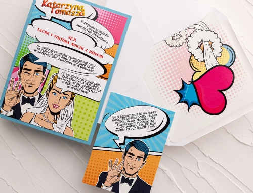 Komiks Zaproszenia ślubne Pop Art z dodatkową wkładką i papierem ozdobnym