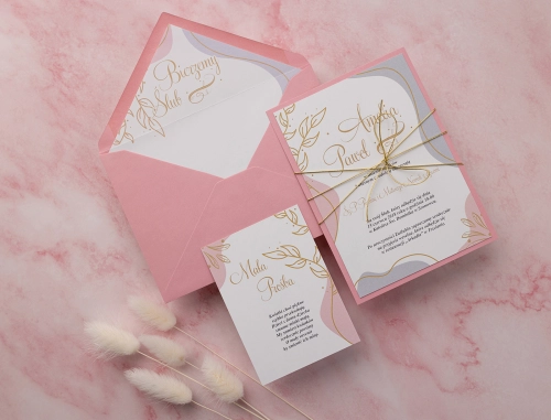 Zaproszenia ślubne Splash z różową kopertą, wklejką, wkładką i papierem ozdobnym