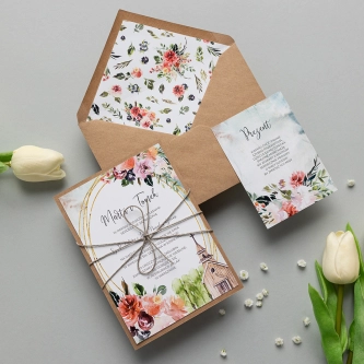 Rustykalne Zaproszenia ślubne Spring Love z&nbsp;akwarelowym motywem kościoła z&nbsp;ekologicznymi ozdobami