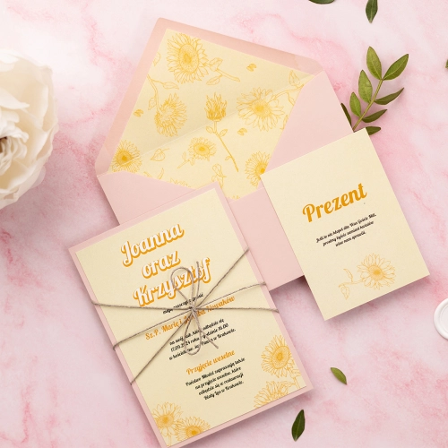 Zaproszenia ślubne Sunflowers z kwiatami słonecznika z różowymi dodatkami