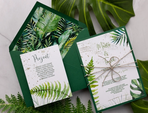Oryginalne Zaproszenia ślubne Tropical w zielonym kolorze z dodatkową wkładką i dekoracją