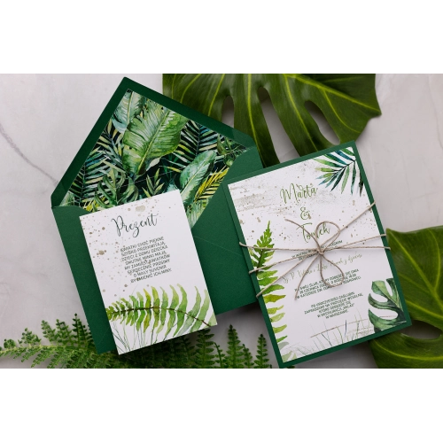 Oryginalne Zaproszenia ślubne Tropical w zielonym kolorze z dodatkową wkładką i dekoracją