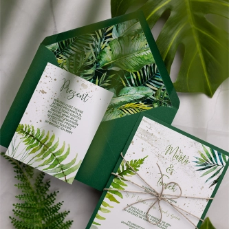 Oryginalne Zaproszenia ślubne Tropical w&nbsp;zielonym kolorze z&nbsp;dodatkową wkładką i&nbsp;dekoracją