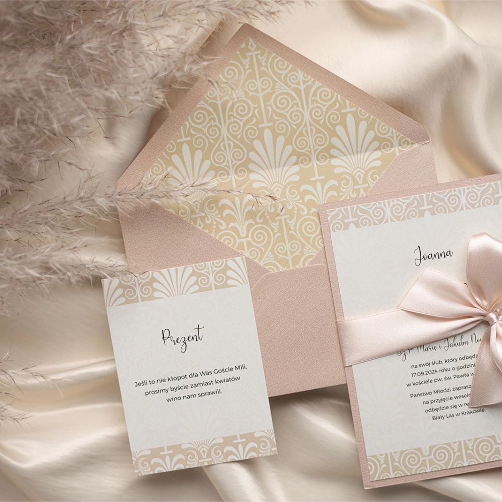 Beżowo złote Zaproszenia ślubne Vintage z wkładką i papierem ozdobnym
