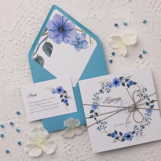 Zaproszenia ślubne Wianki z&nbsp;błękitną kopertą, wkładką i&nbsp;sznurkiem