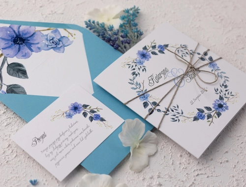 Zaproszenia ślubne Wianki z błękitną kopertą, wkładką i sznurkiem