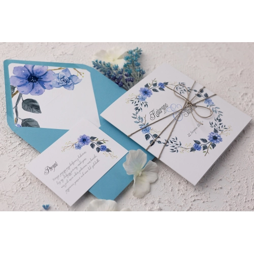 Zaproszenia ślubne Wianki z błękitną kopertą, wkładką i sznurkiem
