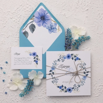 Zaproszenia ślubne Wianki z&nbsp;błękitną kopertą, wkładką i&nbsp;sznurkiem
