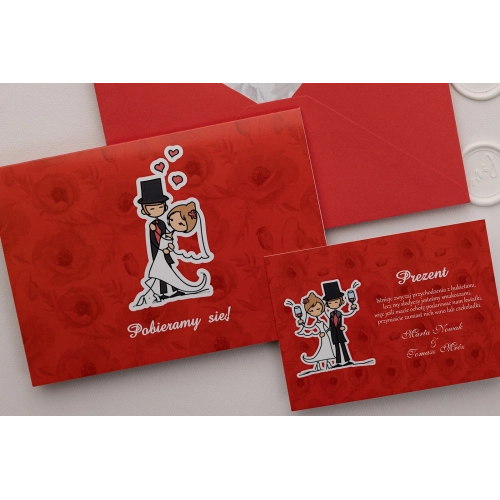 Czerwone Zaproszenie ślubne Zakochani z dodatkową wkładką