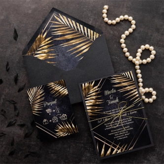 Czarne Zaproszenia ślubne Złote Kwiaty w&nbsp;złotym wydaniu z&nbsp;sznurkiem, wkładką i&nbsp;kopertą