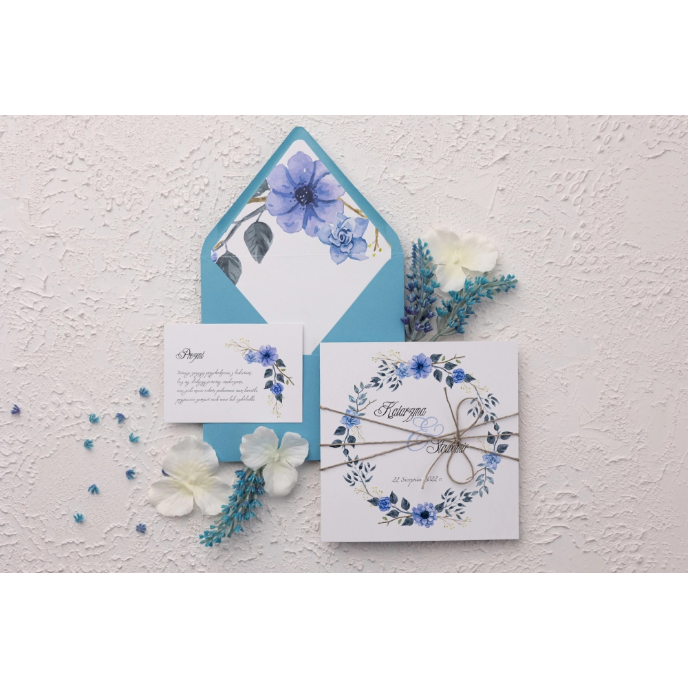 Rustykalne Zaproszenia ślubne Wianki z&nbsp;eko sznurkiem i&nbsp;niebieską kopertą