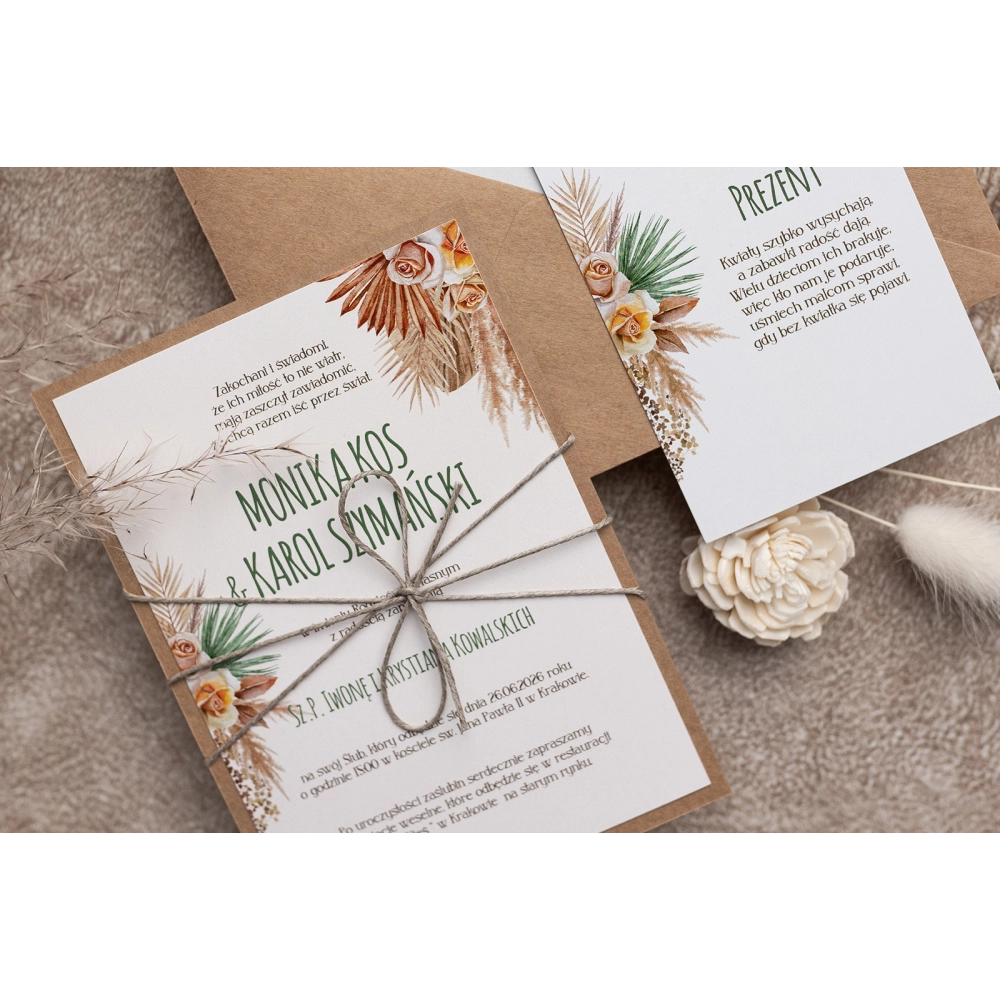 Ekologiczne Zaproszenia ślubne Boho - Motyw 1 z&nbsp;sznurkiem, wkładką i&nbsp;eko kopertą