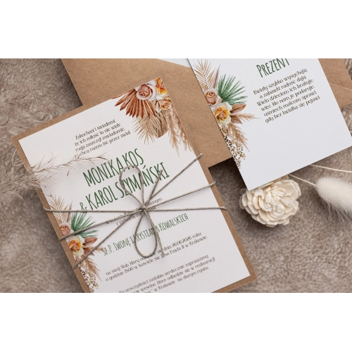 Ekologiczne Zaproszenia ślubne Boho - Motyw 1 z sznurkiem, wkładką i eko kopertą