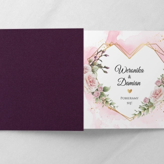 Rustykalne Zaproszenia ślubne Kwadratowe Składane Złote Serca z&nbsp;fioletowym papierem ozdobnym, kopertą i&nbsp;zaklejką