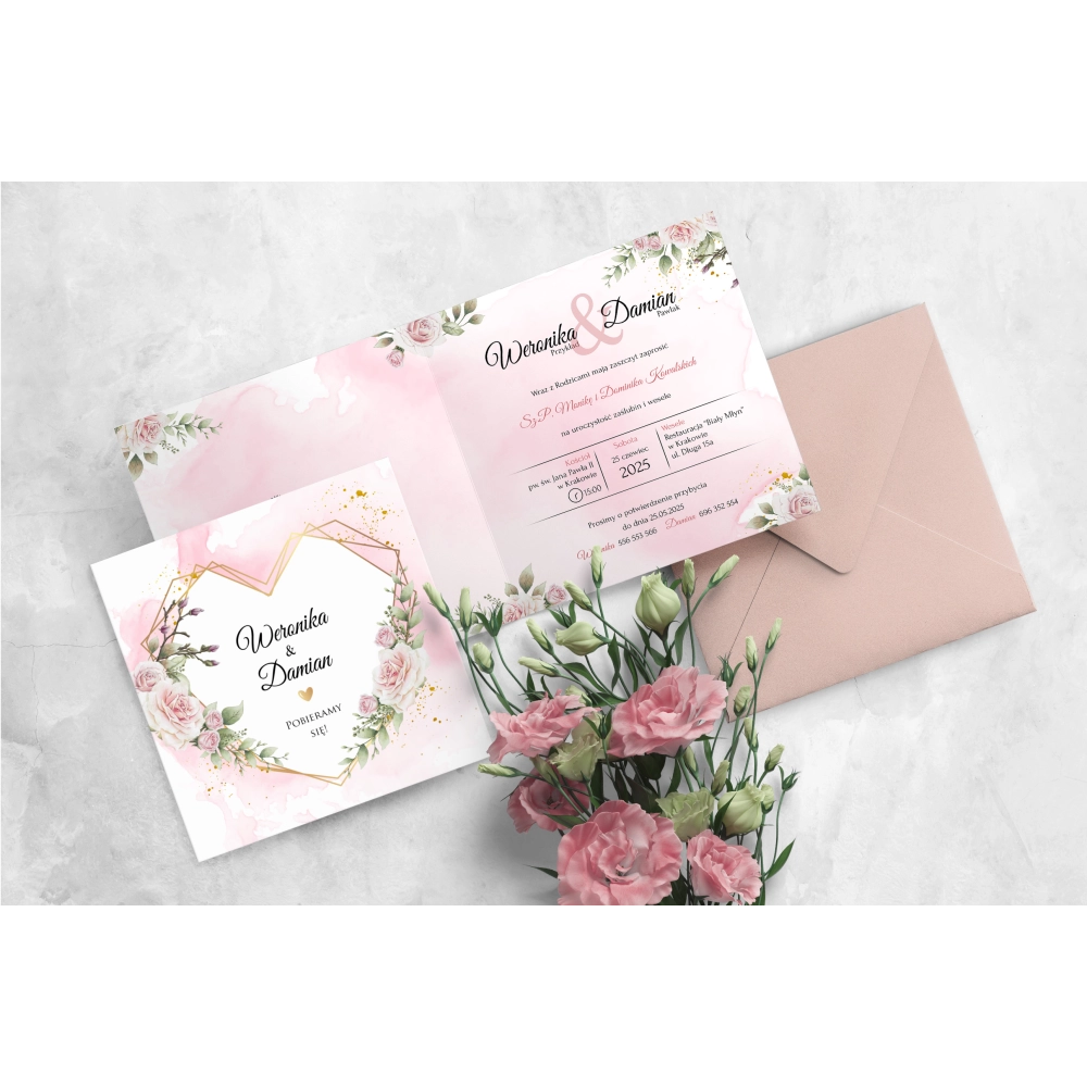 Pudrowo różowe Zaproszenia ślubne Złote Serca z&nbsp;piękną kopertą