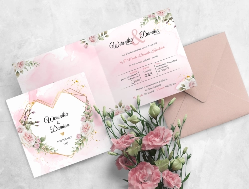 Pudrowo różowe Zaproszenia ślubne Złote Serca z piękną kopertą