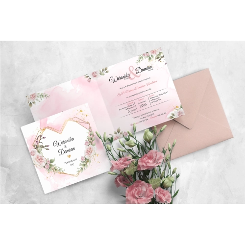 Pudrowo różowe Zaproszenia ślubne Złote Serca z piękną kopertą