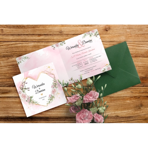 Zaproszenie na ślub Kwadratowe Złote Serca z kopertą Butelkowa Zieleń