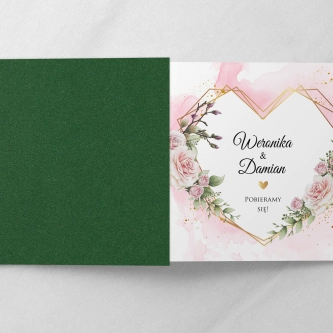 Zaproszenia ślubne Kwadratowe Składane Złote Serca z&nbsp;zielonym papierem ozdobnym i&nbsp;kopertą