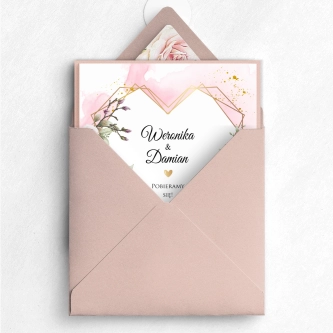Eleganckie Zaproszenia ślubne Złote Serca w&nbsp;odcieniach pudrowego różu z&nbsp;dodatkami