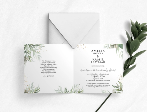 Tanie Zaproszenia ślubne Leaves Kwadratowe składane z białą kopertą