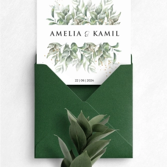 Zielone Kwadratowe Zaproszenie na ślub Leaves z&nbsp;kopertą