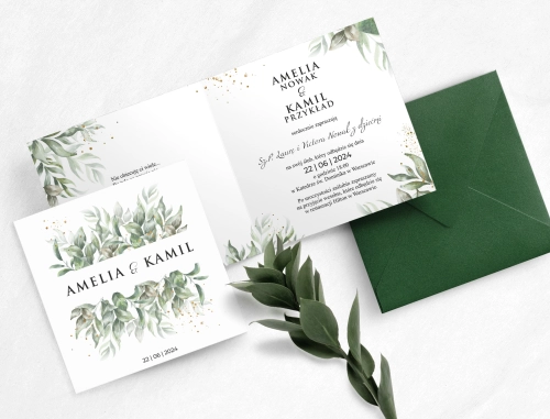 Zielone Kwadratowe Zaproszenie na ślub Leaves z kopertą