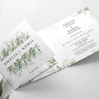 Zielone Kwadratowe Zaproszenie na ślub Leaves z&nbsp;kopertą