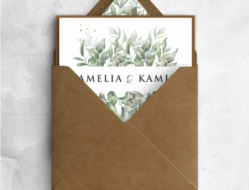 Ekologiczne Zaproszenia ślubne Leaves Składane z papierem ozdobnym, wklejką i zaklejką