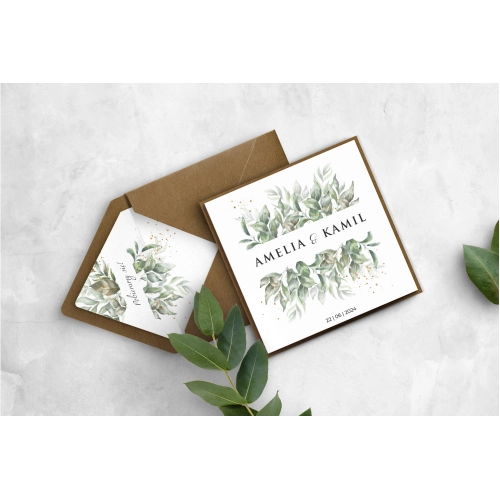Ekologiczne Zaproszenia ślubne Leaves Składane z papierem ozdobnym, wklejką i zaklejką