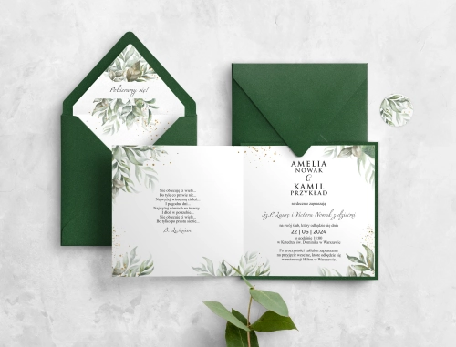 Zielone Zaproszenie na ślub Leaves z piękną kopertą i papierem ozdobnym
