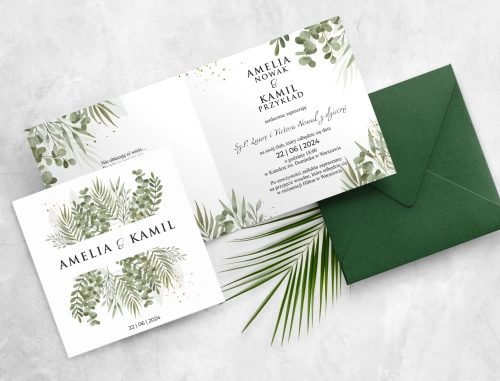 Zielone zaproszenie kwadratowe z elegancką kopertą